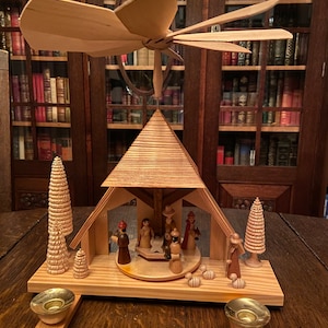 Vintage Erzgebirge Table Pyramid Birth of Christ Woodworking Art. Candle Driven Rotating Center. East German GDR. image 2