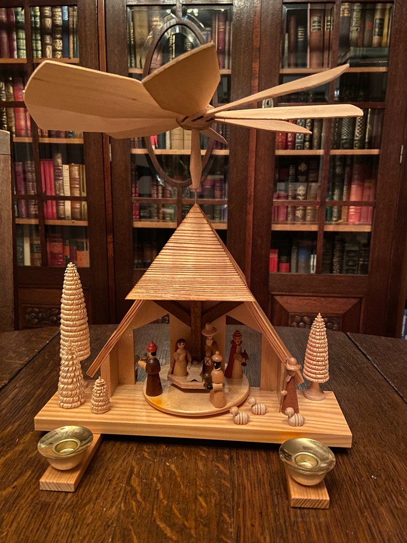 Vintage Erzgebirge Table Pyramid Birth of Christ Woodworking Art. Candle Driven Rotating Center. East German GDR. image 2