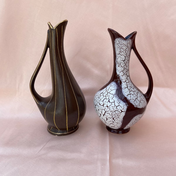 Small Mid Century Modern WGP Fish Mouth Ceramic Pitcher Vases. Jaspa Cortina Reddish Brown with White Craquelé or Brown with Gold Stripes.