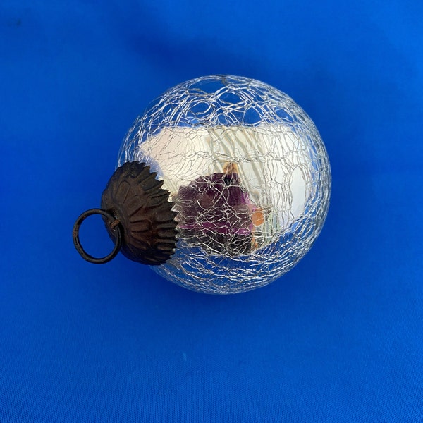 Vintage German Silver Crackle Glass Kugel Christmas Tree Ornament Bauble Very Heavy Mercury Glass Mouth Blown RARE