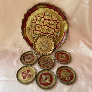 Vintage Italian Florentine Tray Set with 7 Wooden Coasters