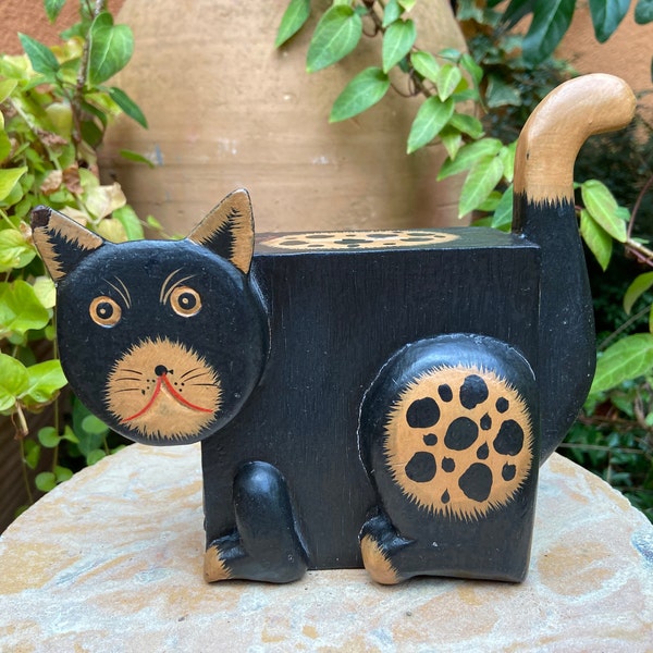 Vintage German Kitty Bank - Handmade Hand Painted Wooden Kid's Bank for Coins in Cat Shape.  OOAK.