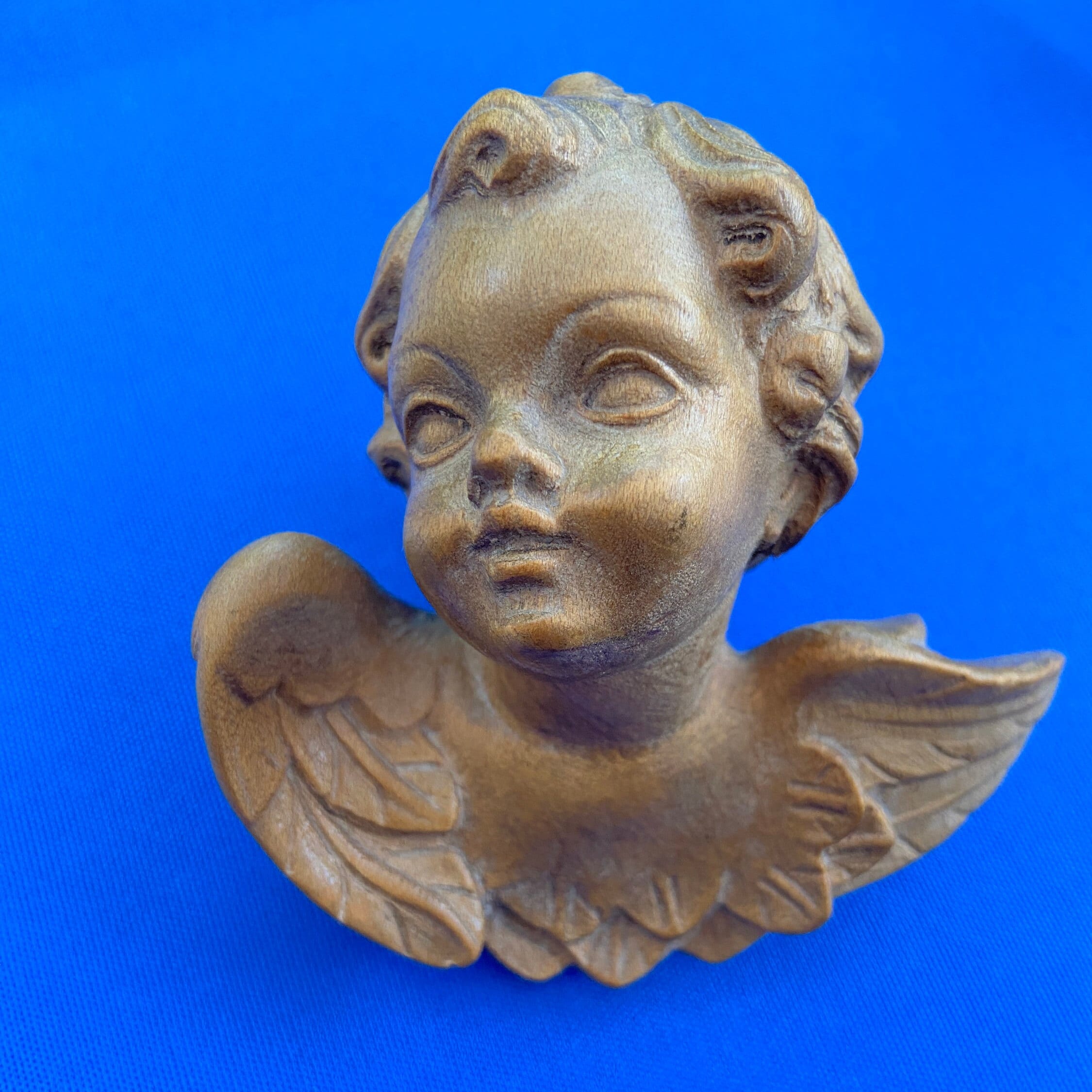 イタリア アンティーク エンジェル 天使 木製 壁掛け ハープ 木彫り ケルブ Small Vintage Italian Hand-carved Natural Wood Wall Angel Head, 8