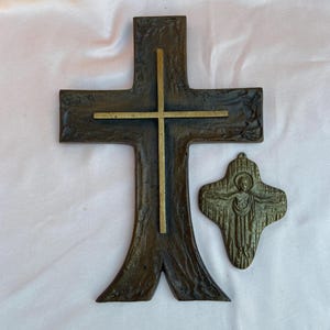 German Brutalist Bronze Wall Cross with Raised Gold Center & Cruzifix