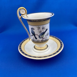 May include: A white teacup and saucer set with a bird motif. The cup has a gold handle and trim, with a yellow and navy blue band around the top. The saucer has a matching border. The cup features two blue birds perched on a branch.
