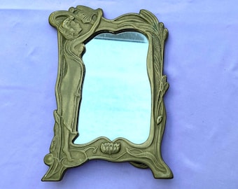 Vintage Art Nouveau Brass Vanity Mirror: Lady of the Lake Repousse Frame, 21 cm