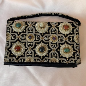 Vintage Zardozi Velvet Clutch: Bejeweled Evening Purse, Hand-Stitched in India
