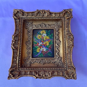 Antique Miniature German Still Life Oil Painting, Wild Flowers, on Wood in Elaborate Wooden Gold Leaf Baroque Style Frame