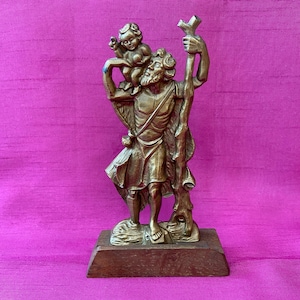 Vintage German Statue St. Christopher with the Christ Child Brass Colored Metal Figure on Wooden Base