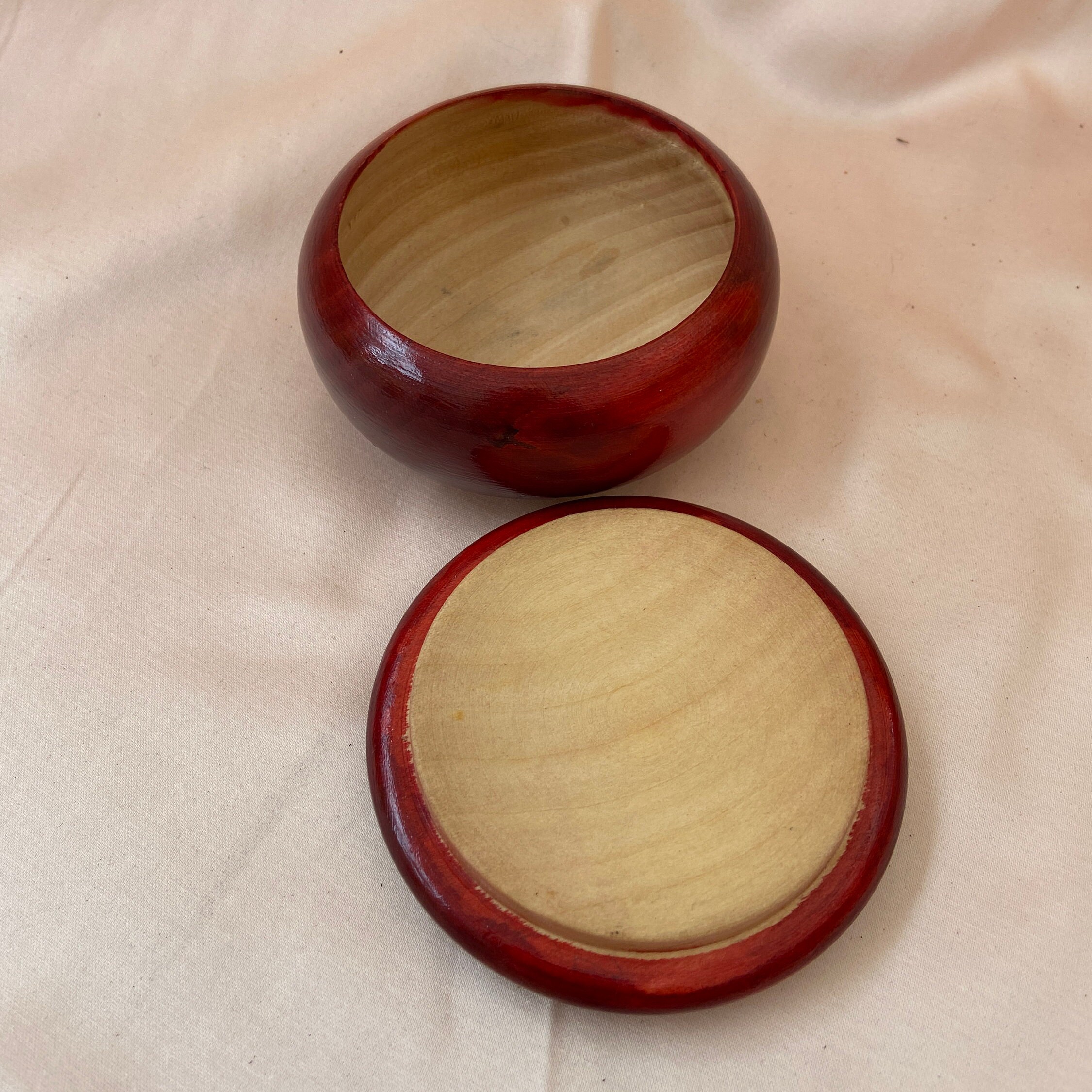 Vintage Polish Folk Art Small Round Wooden Lidded Red