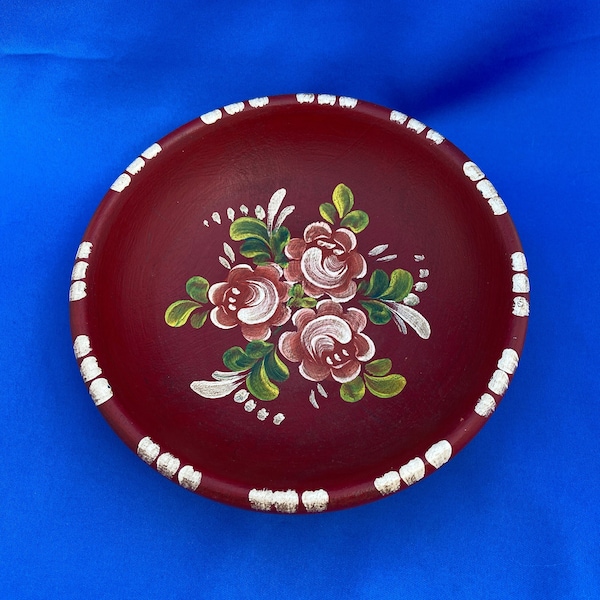 Vintage Bavarian Decorative Colorful Floral Wooden Plate / Shallow Bowl Hand Painted Country Style Bauernmalerei German Folk Art Red Roses