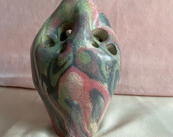 One of a Kind Vintage Handmade German Multi-Hole Multi-Colored Ceramic Vase for Flower Arrangments. Studio Pottery.