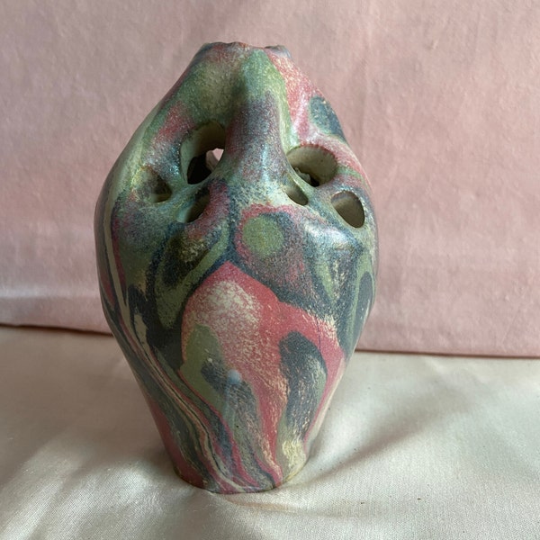 One of a Kind Vintage Handmade German Multi-Hole Multi-Colored Ceramic Vase for Flower Arrangments. Studio Pottery.