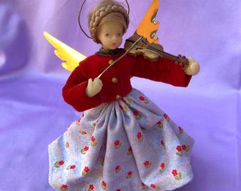 Adorno navideño vintage alemán de cera para la punta del árbol, ángel tocando el violín, de Pauline Leidel-Spreen, 17 cm