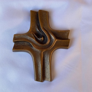 Vintage MCM Brutalist Cast Bronze Cross - German Religious Decor