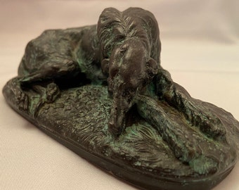 Antique Solid Bronze Greyhound Statue Cast Bronze Replica After Joseph Gayrard, 1848. 14.5cm (5.7&quot;) long. Patina, Verdigris. Signed.