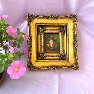 Antique Miniature Oil Painting: Peonies in Vase, Gilt Baroque Frame, Signed