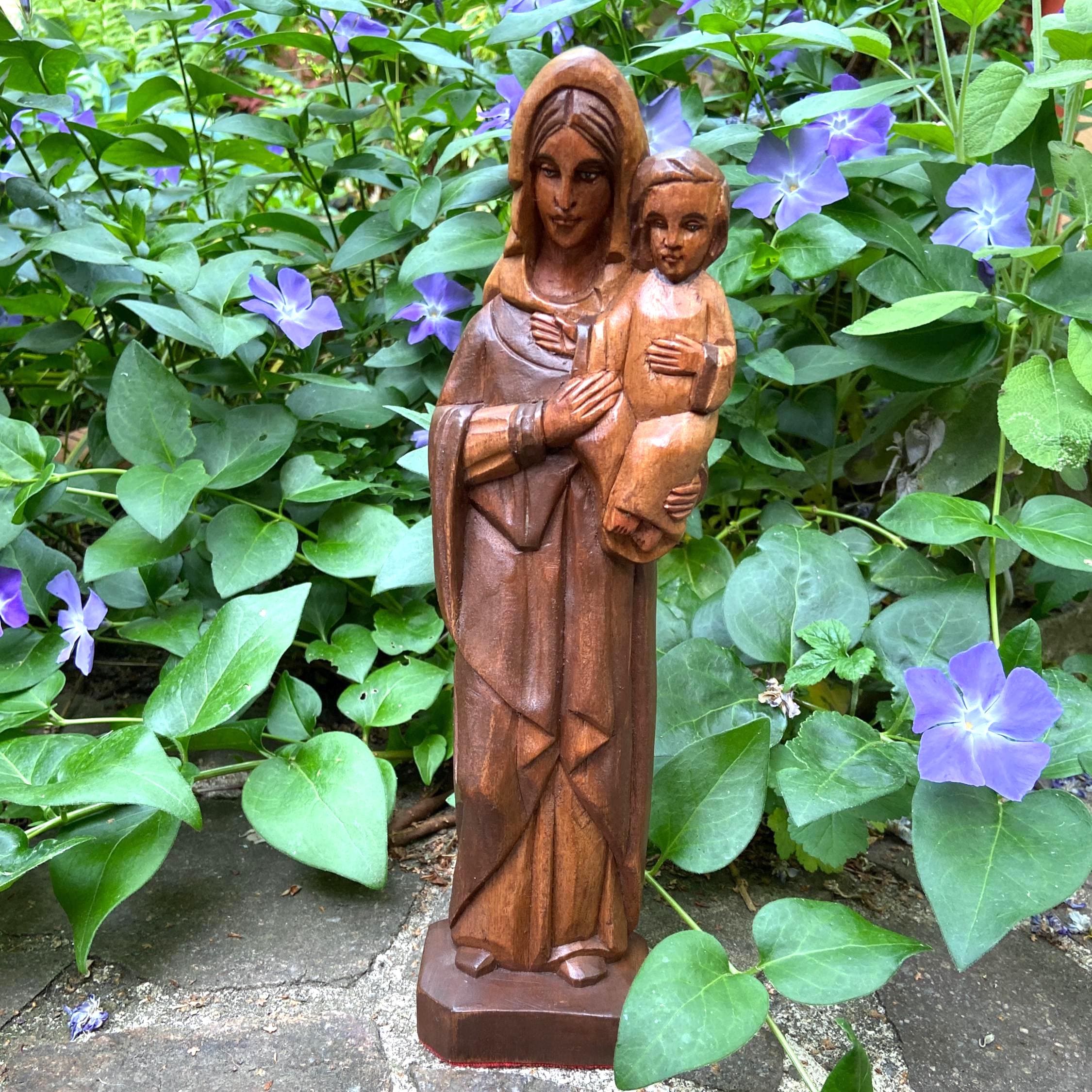 ヴィンテージの手彫り聖母子像、着色木製、高さ31cm - Etsy 日本