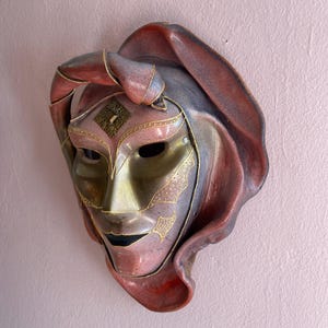 Original Vintage Venetian Painted Paper Maché & Leather Life Size Carneval Mask, Handmade in Venice. Year Round Wall Art. Italian Mardi Gras