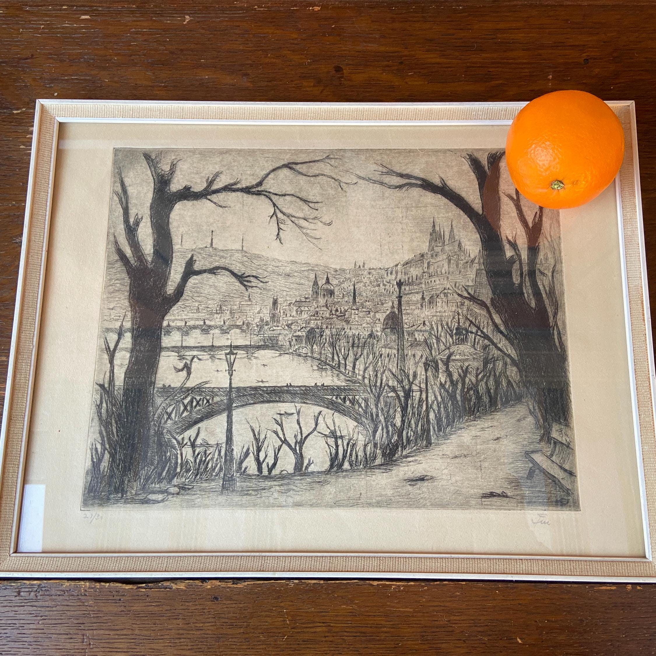 署名入りプラハエッチング：カレル橋とモルドバ川、1947年（限定版