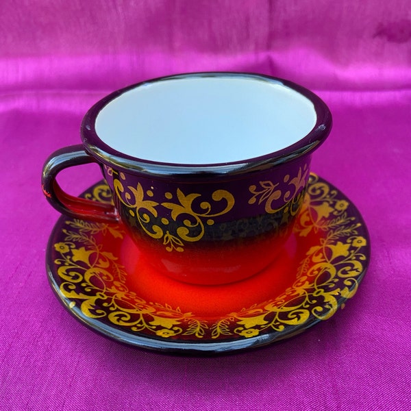 Vintage Classy Enamel Cup and Saucer Set - Camping with Style - Outdoor Coffee Cup / Tea Cup & Matching Saucer Made in Eastern Bloc Europe