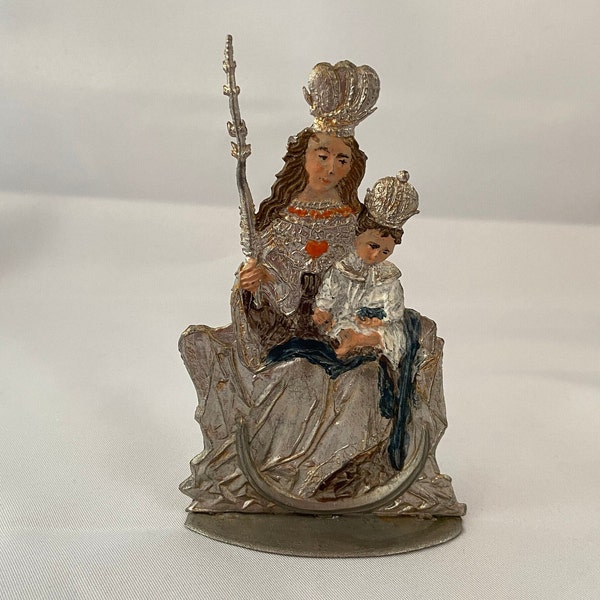 Mid-Century Zinnfigur "Andechser Madonna". Handbemalt. Heilige Maria mit Jesuskind. Andechser Zinn Wilhelm Schweizer. Vintage.