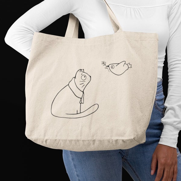 Süße Katzen Tasche mit süßem Vogel - Comic Zeichnung - Handtasche / Stoffbeutel / Jutetasche - Jutetasche Baumwolle