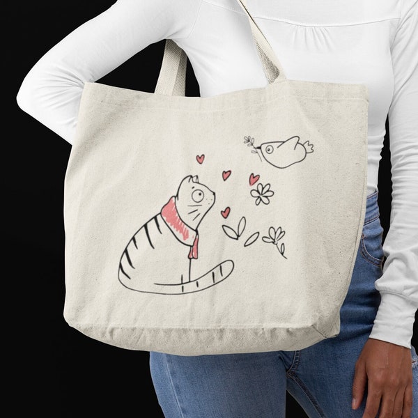 Süße Katzen Handtasche - niedliche Vogel Zeichnung-Design Shopper - Comicprint - Jutetasche Baumwolle