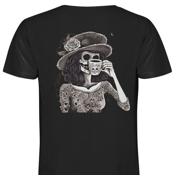 Tattoo Kunst Shirt - Skelett Dame beim Kaffeetrinken - für lustige Totenkopf-Fans