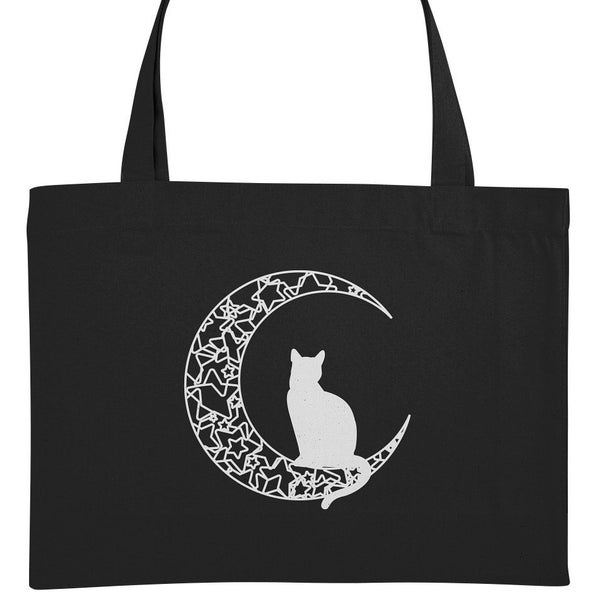 Katze im Mond mit Sternen Tasche - Mondbild Sterne - Schwarzer Kater - süßes Kätzchen Stofftasche Tote Bag / Canva Bag / Baumwolle