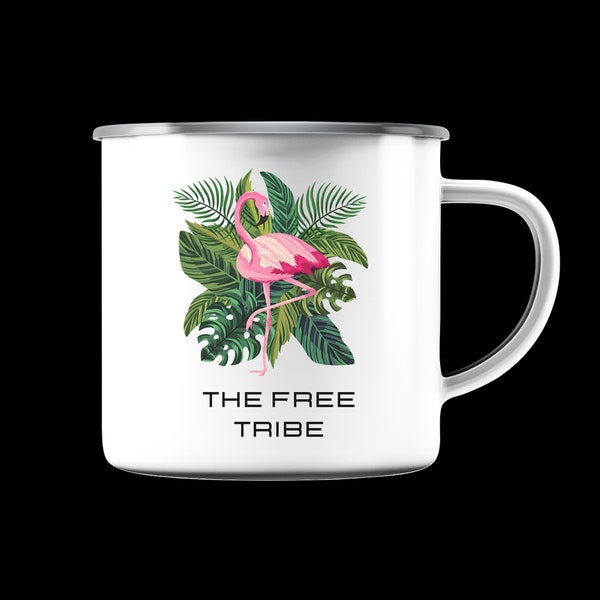 Tasse Emaille Silber *Pink Flamingo* Tropical Flowers ComicVogel HawaiiStrand GeburtstagGeschenk Campingbecher-leicht Kaffeetasse FREE TRIBE