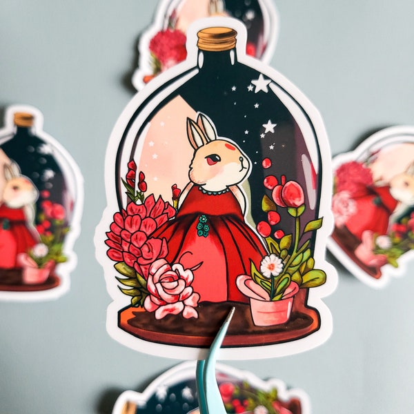 Hase in rotem Kleid in Flasche Sticker Aufkleber