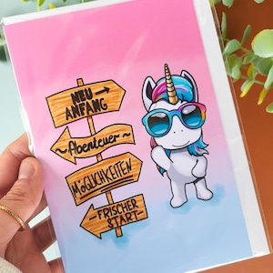Abschiedskarte Neuanfang Einhorn mit Sonnenbrille
