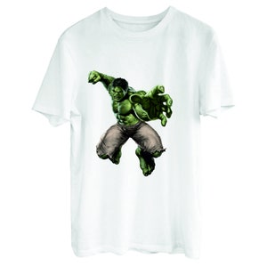 May include: White t-shirt with a green Hulk graphic. The Hulk is depicted in a dynamic pose, with his fist raised and his other hand outstretched.