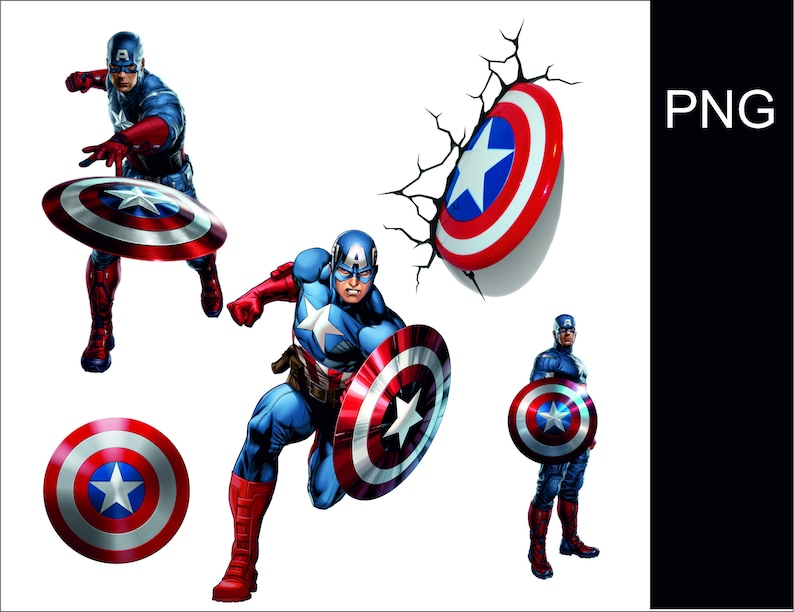 May include: Three images of Captain America, a superhero, with his signature red, white, and blue costume and shield. The first image shows Captain America throwing his shield. The second image shows Captain America running with his shield. The third image shows Captain America standing with his shield.