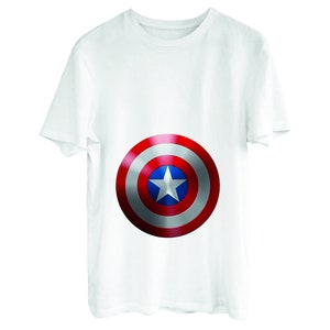 May include: White t-shirt with a red, white, and blue Captain America shield printed on the front.