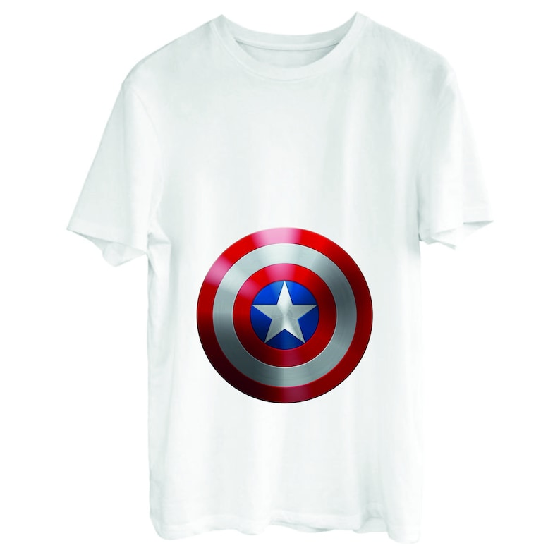May include: White t-shirt with a red, white, and blue Captain America shield printed on the front.