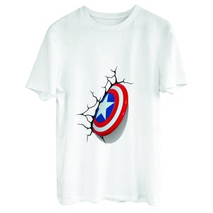 May include: White t-shirt with a red, white, and blue Captain America shield graphic. The shield appears to be breaking through the fabric of the shirt.