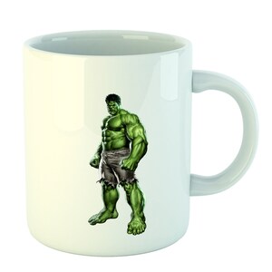 May include: White ceramic mug with a green and purple illustration of the Hulk, a superhero character, on the front.