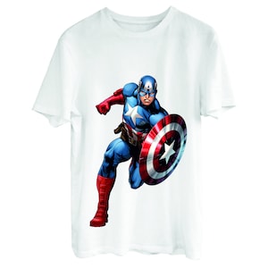 May include: White t-shirt with a graphic of Captain America in his red, white, and blue costume, holding his shield.
