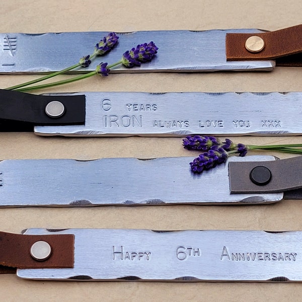 Personalised 6th-anniversary bookmark - Hand-stamped bookmark with a leather strap. Handmade iron gift. Gift for him, Gift for her,