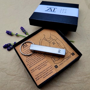 May include: A silver metal keychain with a rectangular bar that says "VI" on it. The keychain is in a small box with a brown paper insert that says "artisan_iron_sheffield" and has a care instruction card that says "We do recommend occasionally treat the metal with Renaissance wax, or a similar product, this will lock in the patina and will last for generations."
