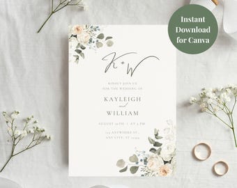 May include: A wedding invitation with floral accents and the initials "K+W" in elegant script. The invitation includes the names Kayleigh and William, along with the wedding date and time. The words "Instant Download for Canva" are also visible.
