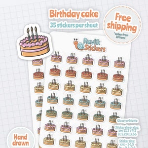 Planner sticker sheet: birthday cake, celebration, printed hand drawn illustration, agenda stickers, multiple colors