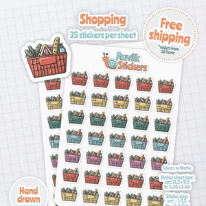 Planner sticker sheet: groceries shopping cart basket hand drawn illustration, agenda stickers, multiple colors