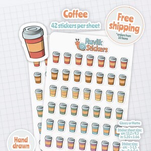 Planner sticker sheet: coffee cup hand drawn illustration, agenda stickers, multiple colors