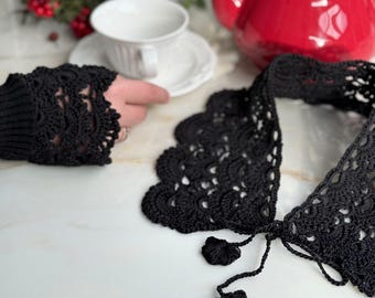 Collar de encaje de crochet negro desmontable + puños / Accesorio de moda hecho a mano / Regalo femenino para ella