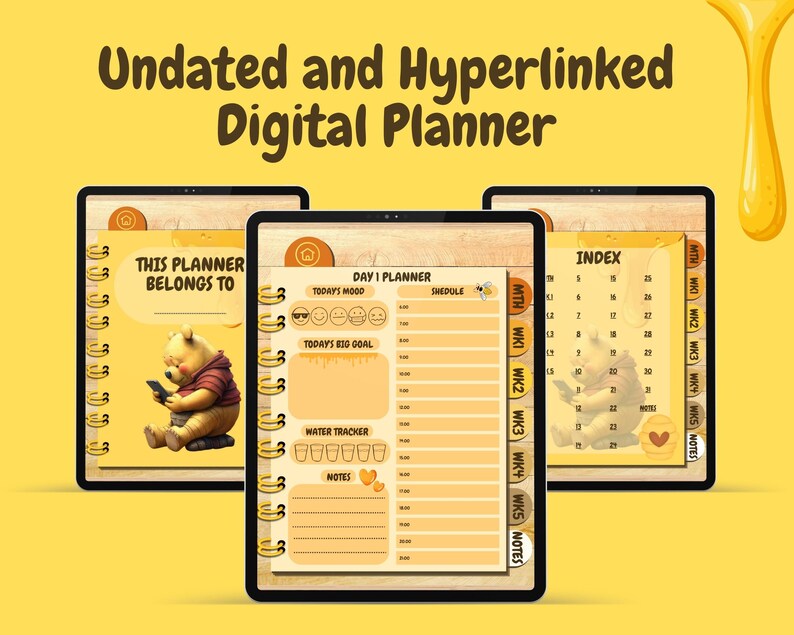 Undated Digital Planner With Winnie the Pooh Monthly, Weekly, and Daily