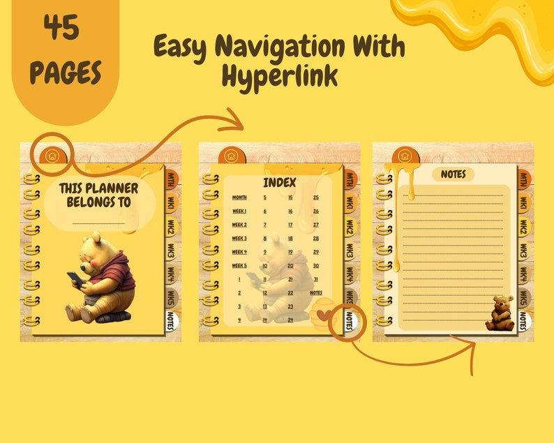 Undated Digital Planner With Winnie the Pooh Monthly, Weekly, and Daily