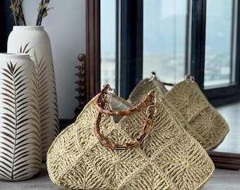 Bolso de rafia hecho a mano con asa de bambú, estilo bohemio, para playa, grande, natural y ecológico.